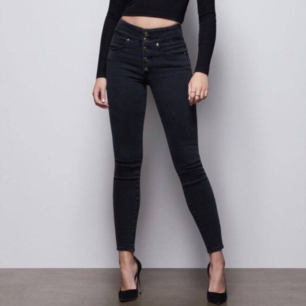 NWT Good American Sz 27 Black Button Fly Stretch Casual Minimalist Jeans